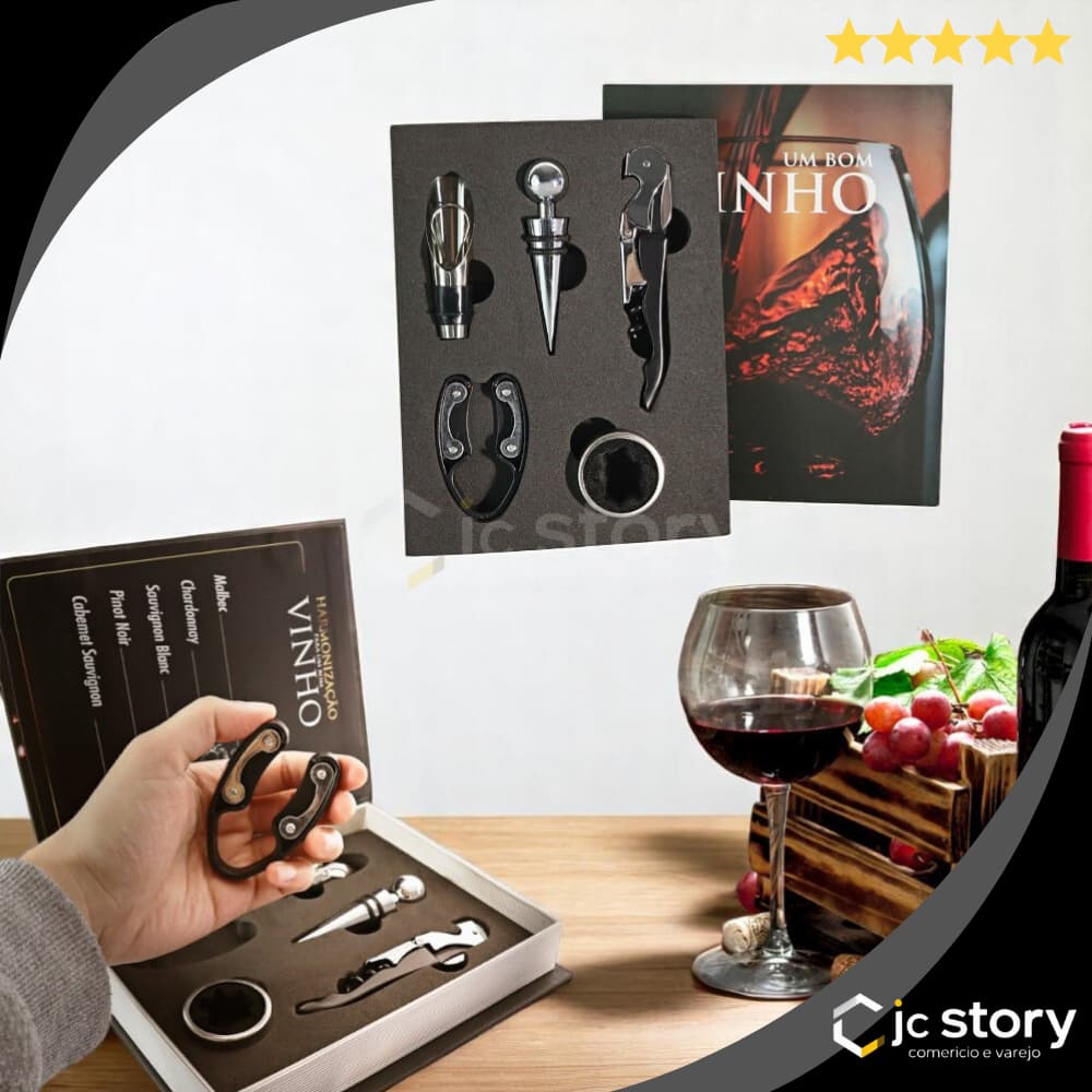 Kit Vinho Abridor Dosador Saca Rolhas Tampa e Livro 05 Peças - garrafa cerveja lata