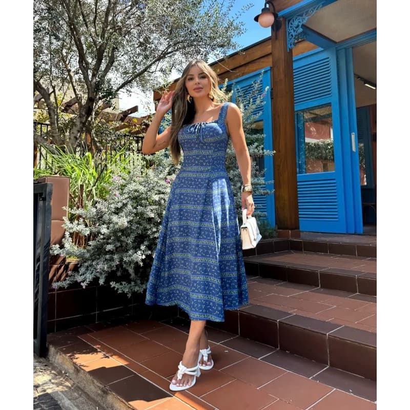 Vestido MÍDI estampado princesa com manga Vestido Boho Ditsy Floral Dividido Frontal