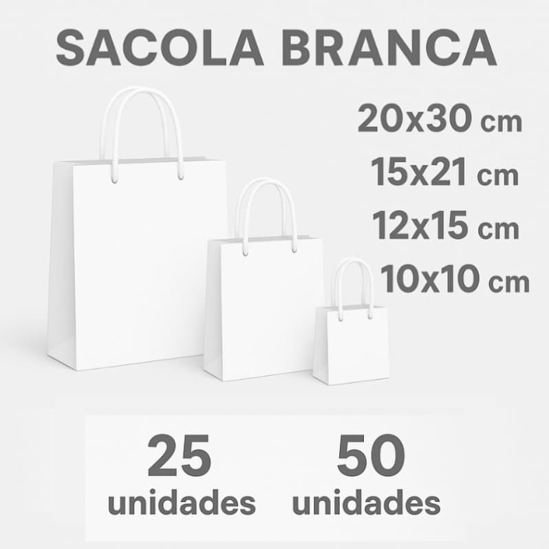 Sacola De Papel Branca Kit 25|50 Unidades Bolsa Para Personalizar Festa Loja Elegante Fashion