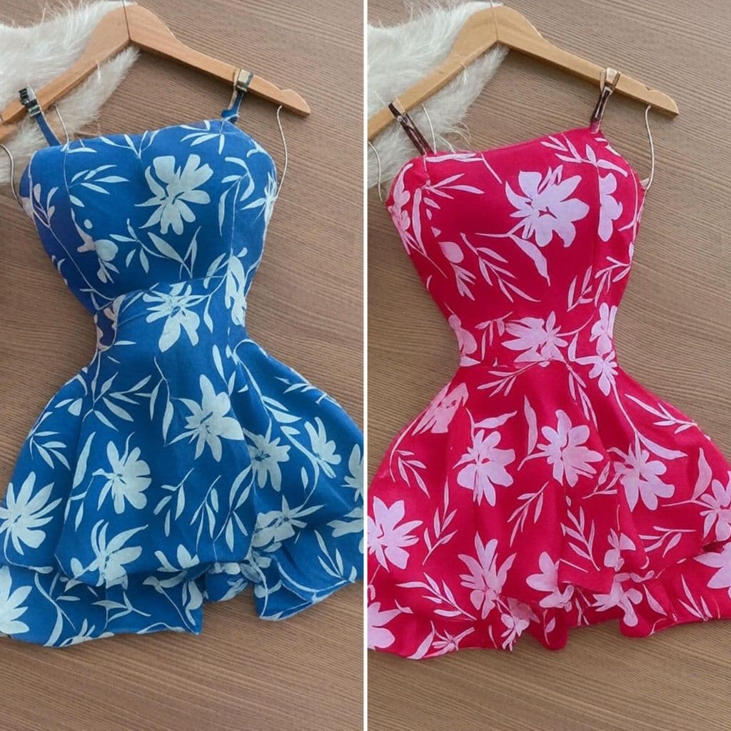 kit 2 Vestido Macaquinho Estampado Azul e Rosa com Short Interno – Perfeito para Festas e Eventos