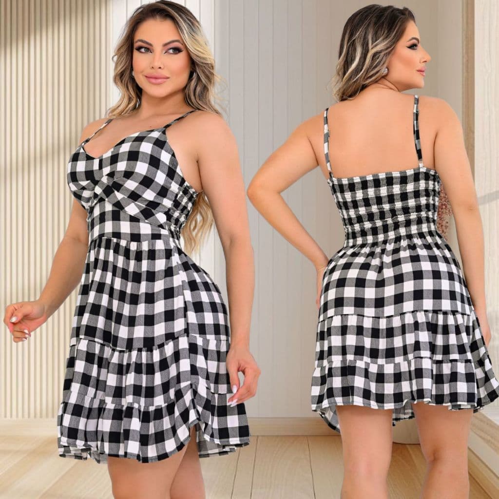 Vestido Curto Xadrez de Festa Feminino  e Fashion Look Moderno e Chic Emily