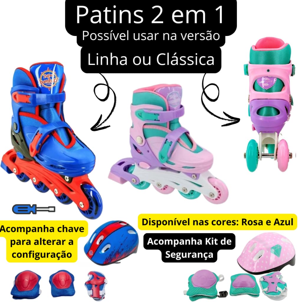 Patins 2 em 1 Infantil 4 Rodas Menina Menino Rosa Azul Inline Roller + Kit de Proteção - Tam. 30-33