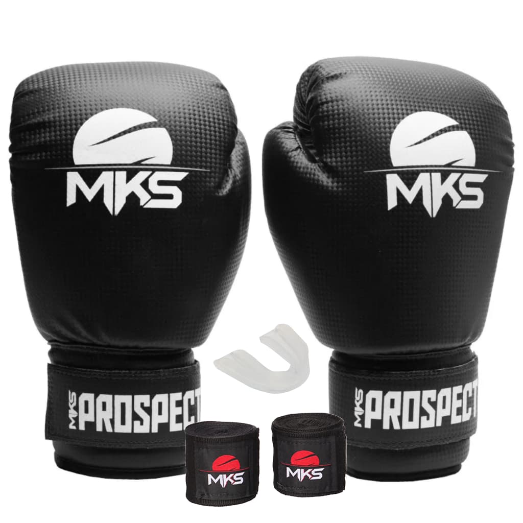 KIT MUAY THAI BOXE KICKBOXING LUVA PROSPECT PRETA + BANDAGEM 2,55M + PROTETOR BUCAL - MKS COMBAT