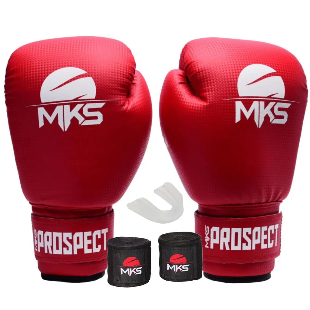 KIT MUAY THAI BOXE KICKBOXING LUVA PROSPECT VERMELHA + BANDAGEM 2,55M + PROTETOR BUCAL - MKS COMBAT