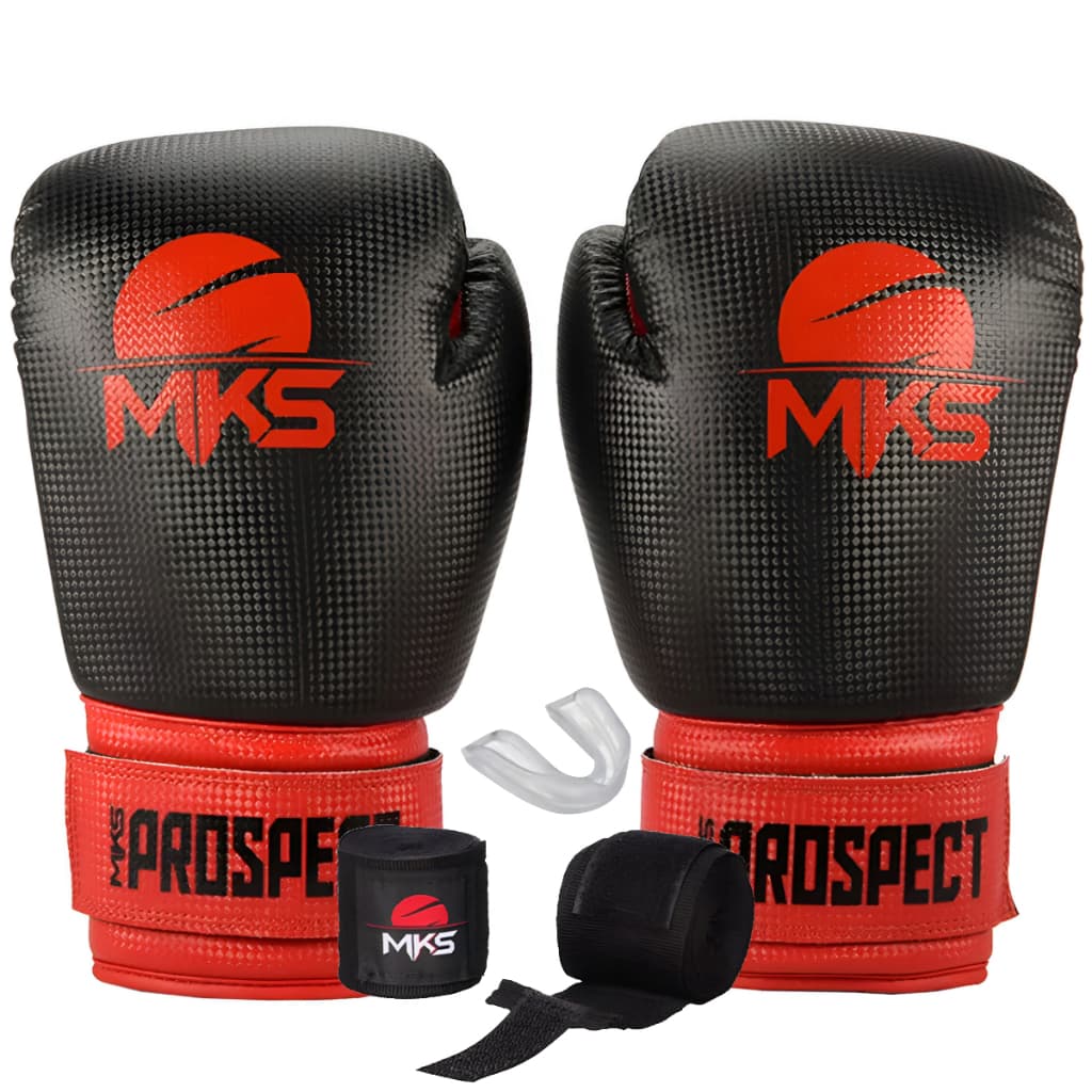KIT MUAY THAI BOXE KICKBOXING LUVA PROSPECT PRETO E VERMELHA + BANDAGEM 2,55M + BUCAL - MKS COMBAT