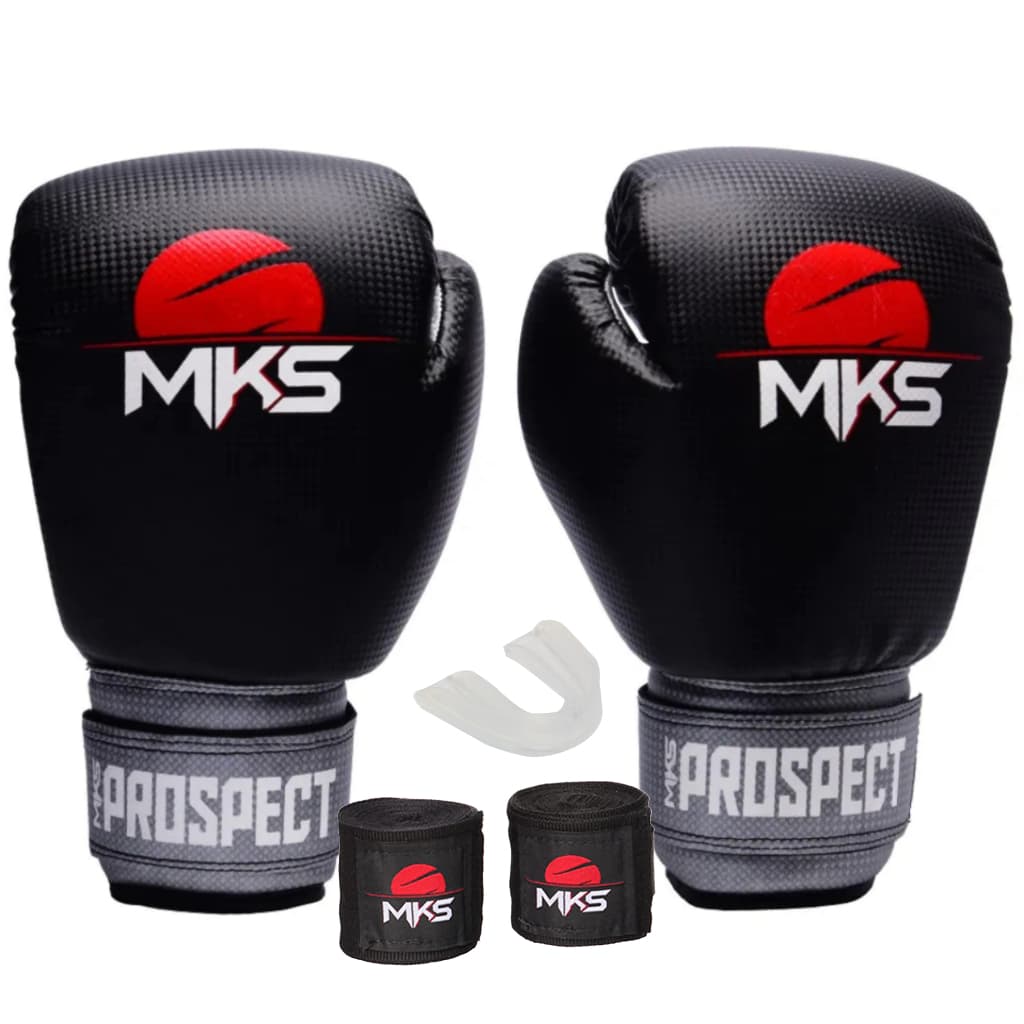 KIT MUAY THAI BOXE KICKBOXING LUVA PROSPECT PRETO E PRATA + BANDAGEM 2,55M + BUCAL - MKS COMBAT