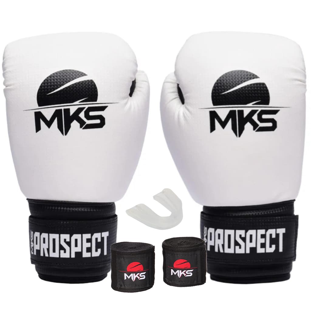KIT MUAY THAI BOXE KICKBOXING LUVA PROSPECT BRANCO + BANDAGEM 2,55M + BUCAL - MKS COMBAT