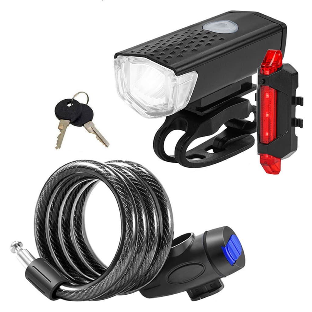 Farol Bike Luz Led Usb Ciclismo 300 Lumens + Sinalizador Traseira Pisca + Trava Cadeado 12X700MM