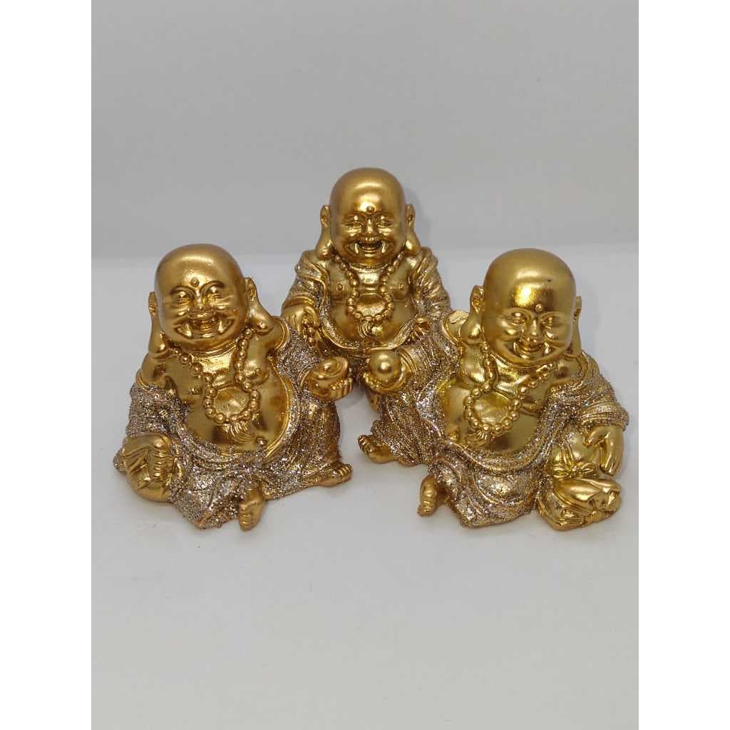 3 Estátua Buda Monges Sábios Sorte Fortuna dourado