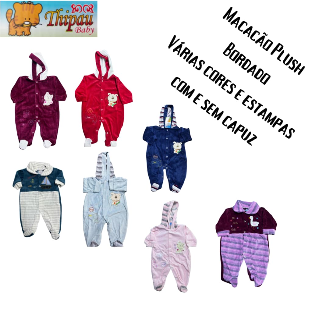 Macacão de Plush para Bebê com Pezinho Fechado para Menino e Menina - Estampas Variadas