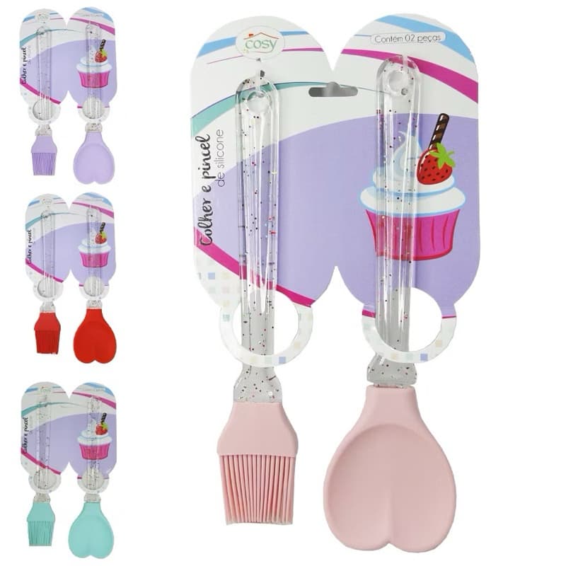 PINCEL CULINARIO + COLHER CORACAO DE SILICONE ROSA CABO ACRILICO ESPATULA -BOLOS E DOCES🍰