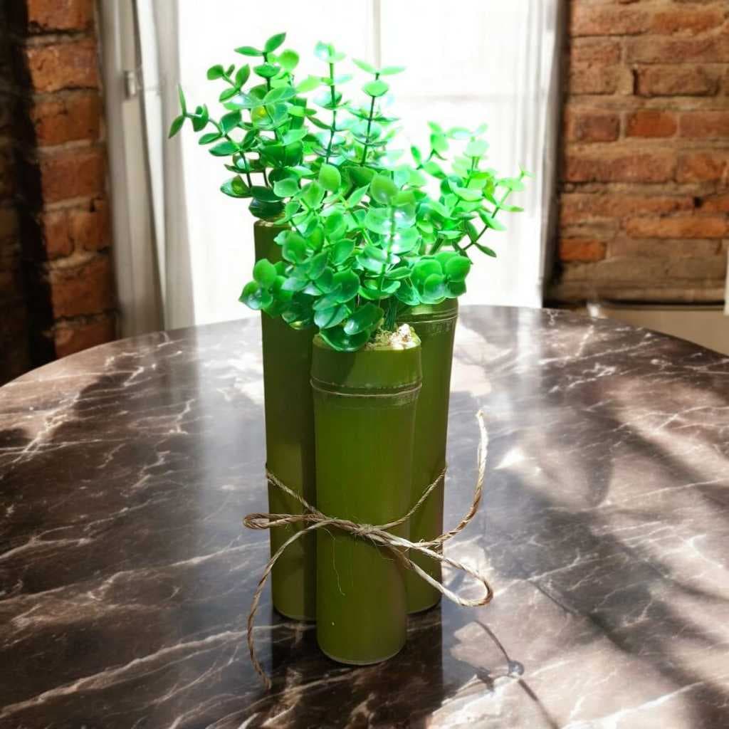 Vaso de Bambu Decoração Cachepot com Planta Artificial Trio de Vasinho Bambu Natural Vaso Decorativo
