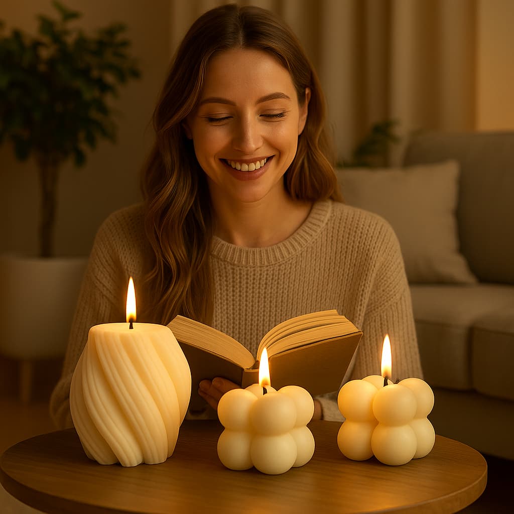 Kit 3 Velas Decorativas –1 Mini Espiral Geométrica 55g + 2 Mini Bubble 30g | Branca | Aromáticas e Perfumadas - Promoção