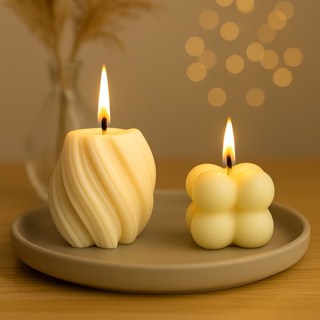 Kit com 2 Velas Decorativas Aromaticas Perfumadas – 1 Mini Espiral Geométrica 55g + 1Mini Bubble 30g | (Branca) Promoção