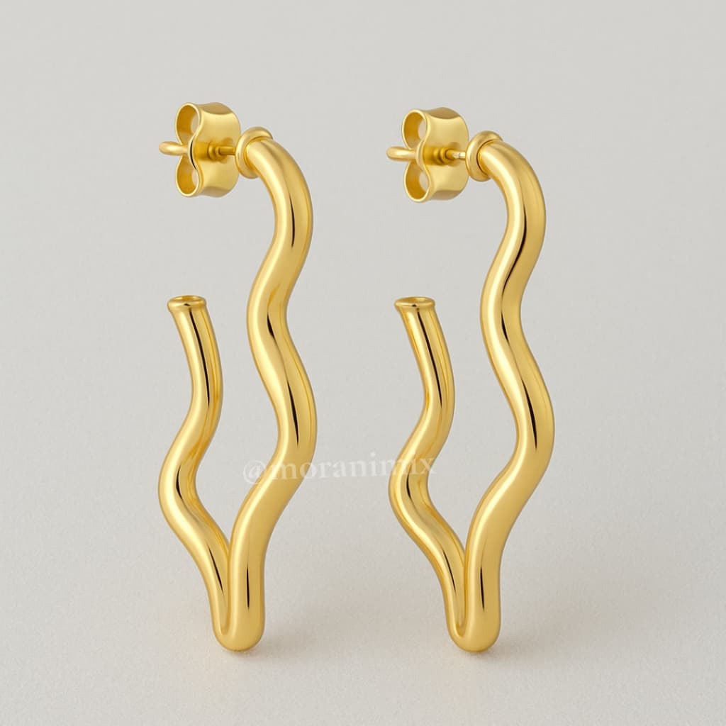 Brinco Prata Dourado Feminino Moderno – Design Ondulado e Sofisticado 4,2cm | Banhada PRATA 925 OURO 18K