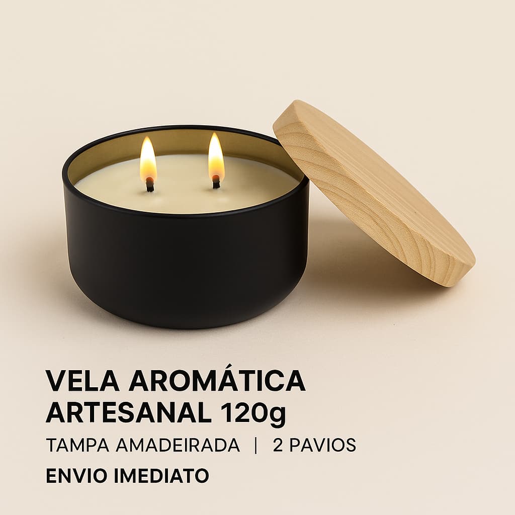 Vela Aromática Perfumada Artesanal de 120g com 2 Pavil – Lata Preta e Tampa Amadeirada-Lata - Promoção