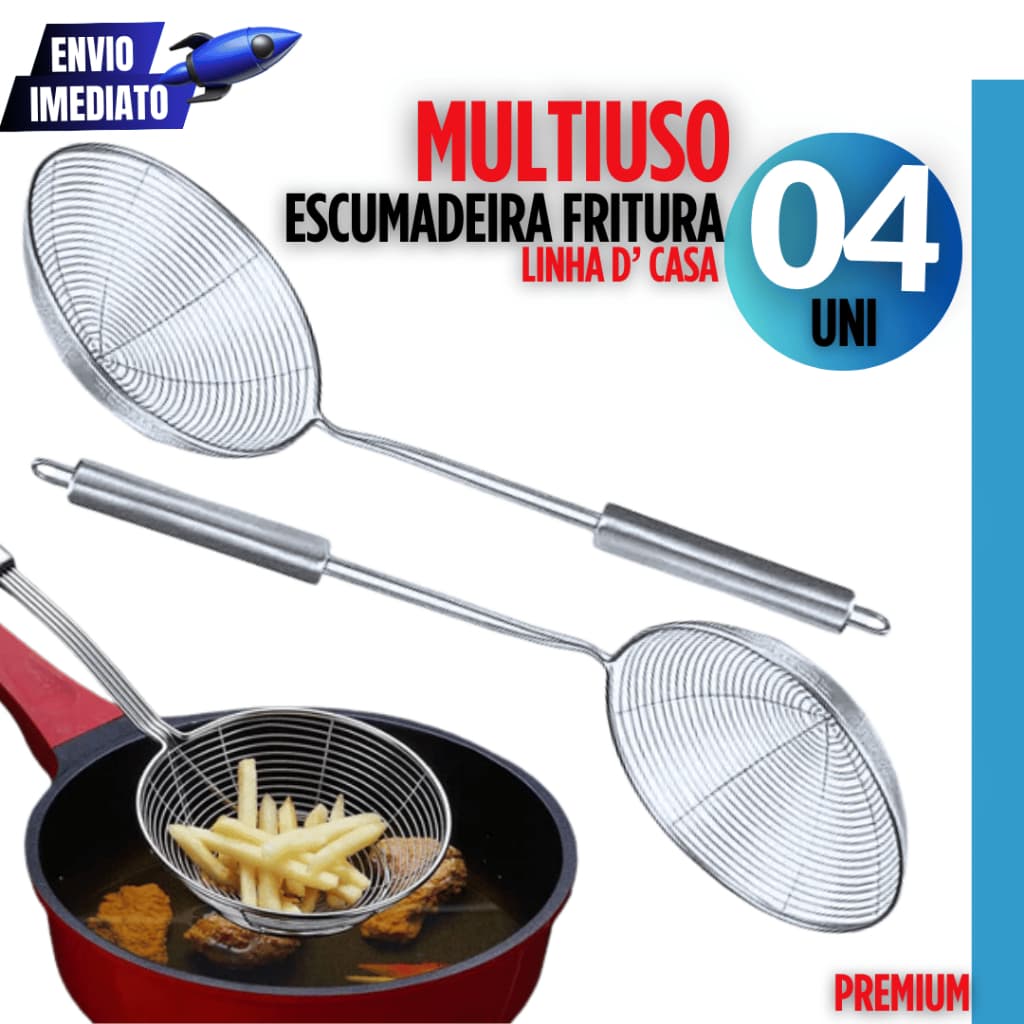 KIT 04 Escumadeira  Para Fritura Inox Batata Pastel Variáveis Utilidades Resistente Durabilidade Garantida Inox Premium
