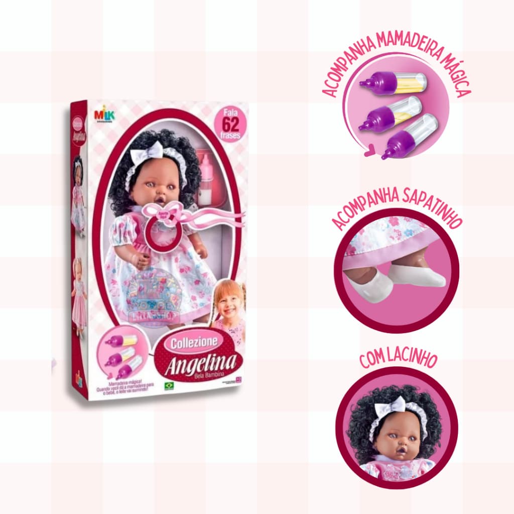 Boneca Negra Angelina Fala 62 Frases + Mamadeira Mágica Brinquedo Menina
