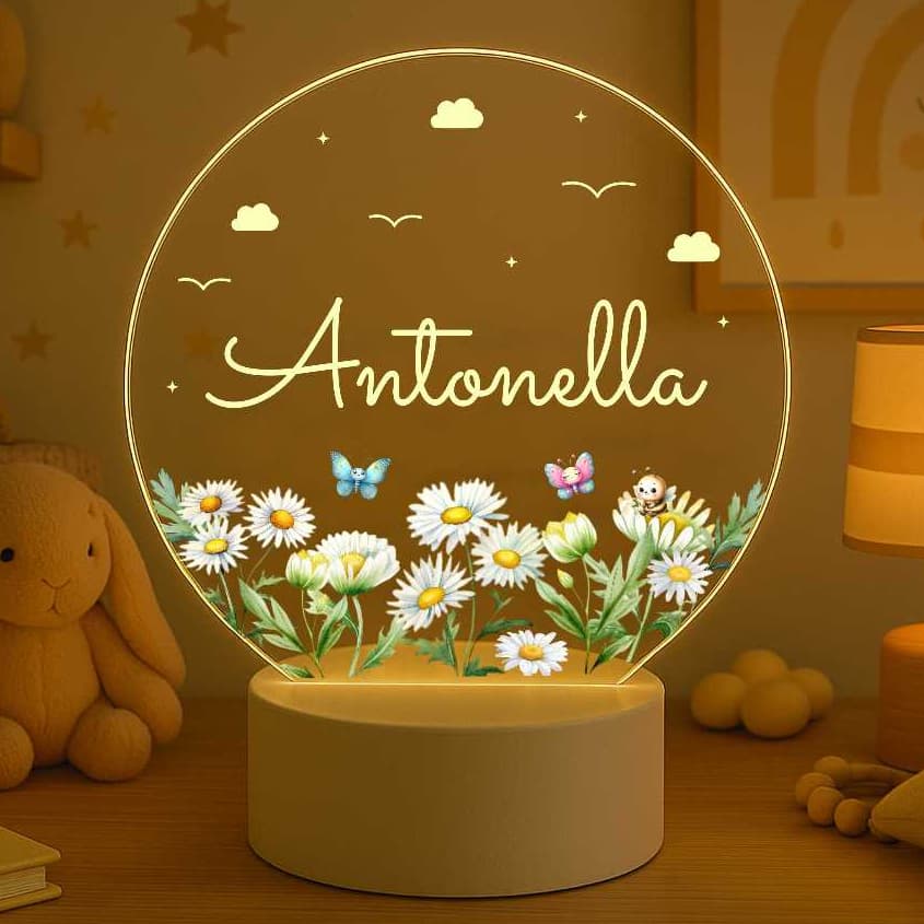 Luminária 7 Cores RGB Bebê Jardim de Margaridas Flores - Maternidade Personalizado, Decoração, Criança, Borboletas