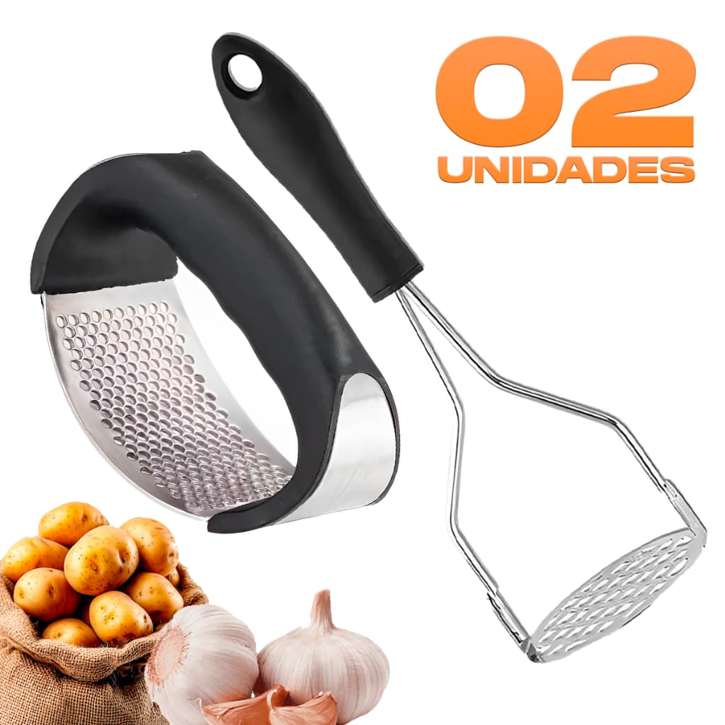 Combo Espremedor de Alho e Amassador de Batata Aço Inox Cabo de PVC