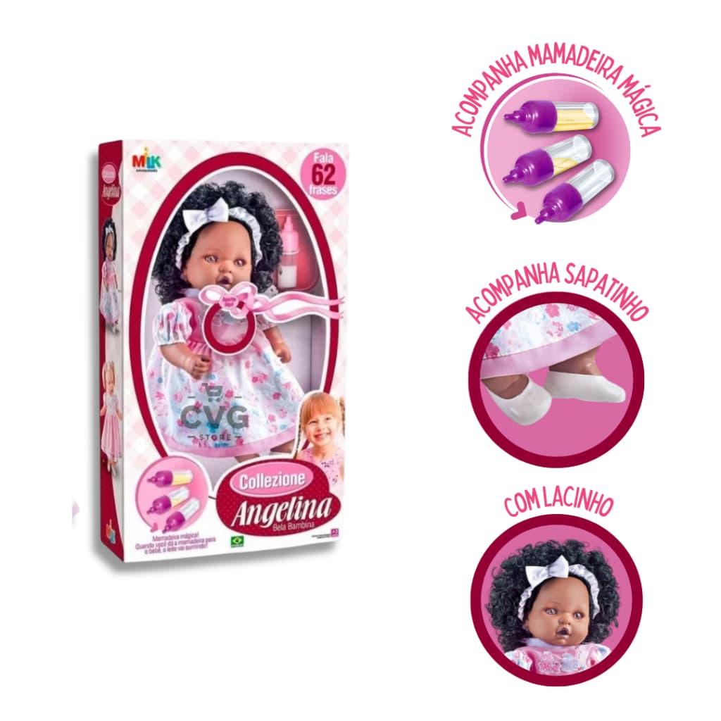 Boneca Negra Angelina Fala 62 Frases + Mamadeira Mágica Brinquedo Menina