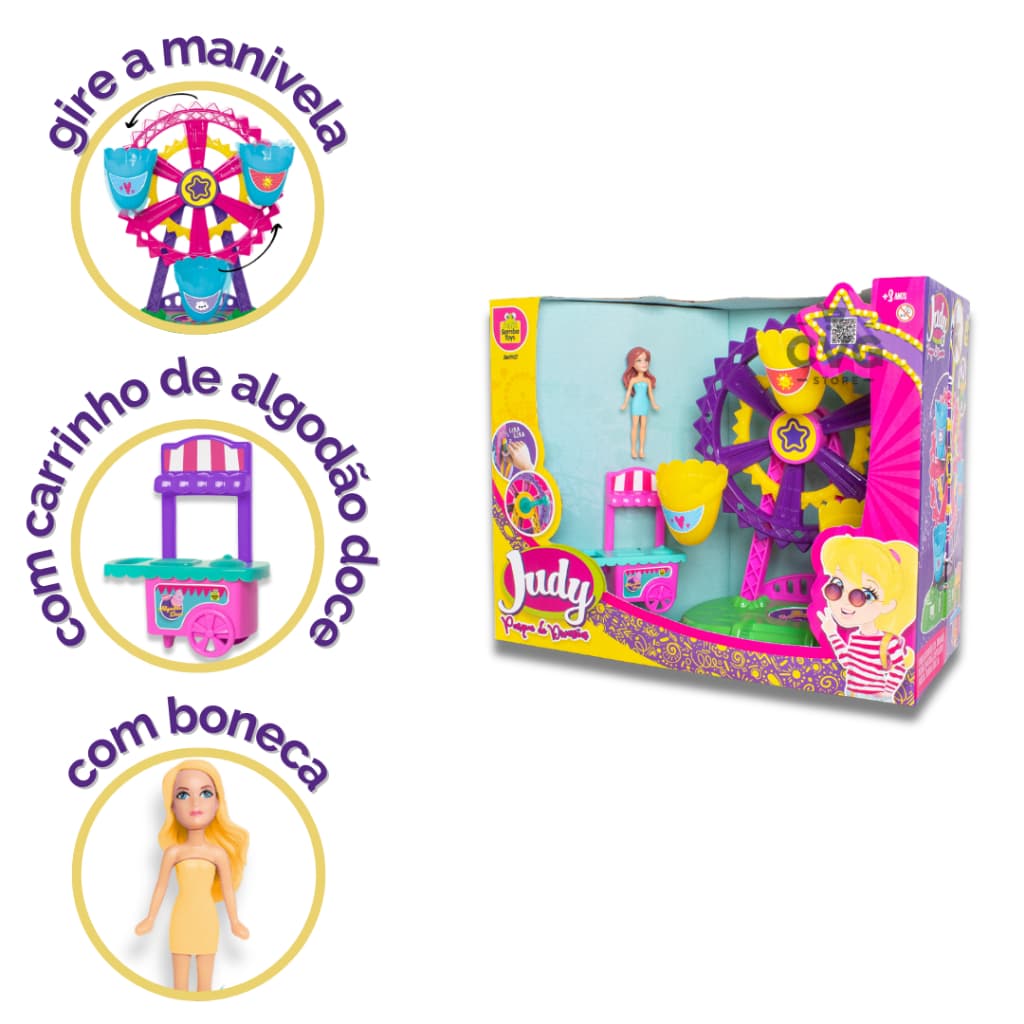 Playset Parque Diversão Roda Gigante da Judy Com Boneca e Carrinho de Sorvete Brinquedo Infantil