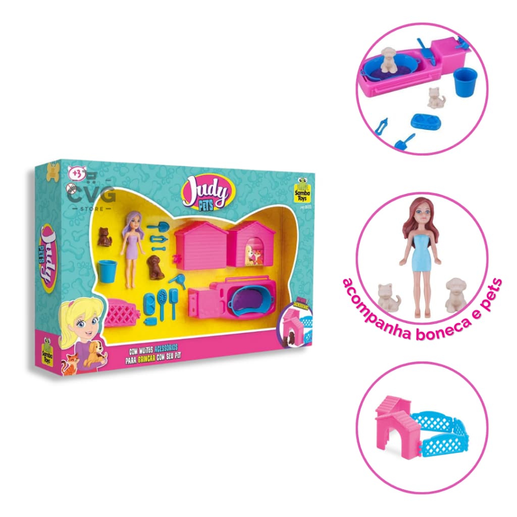 Coleção Judy Pets Cachorro e Gato com Boneca e Acessórios Brinquedo Infantil Samba Toys