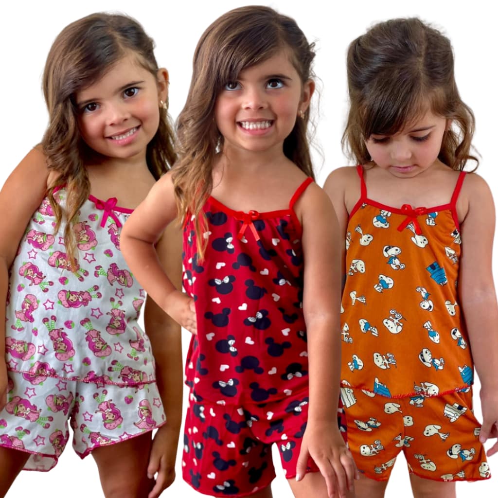 Kit 3 Pijama Infantil Baby Doll Estampado Personagem Short Doll Microfibra Confortavel Criança Dormir Oferta