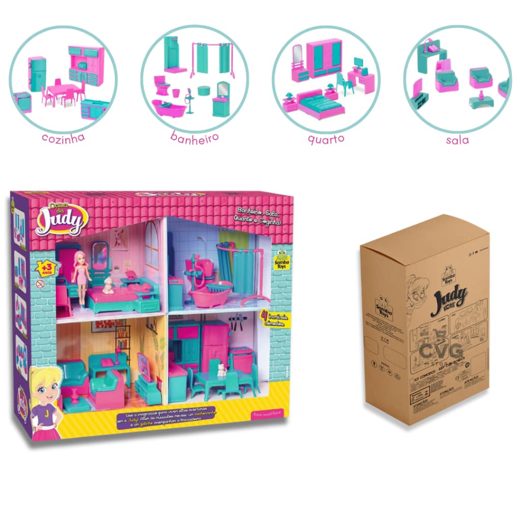 Brinquedo Infantil Menina Kit Casinha Completa Sala,Quarto,Cozinha, Banheiro 1Boneca +31 peças