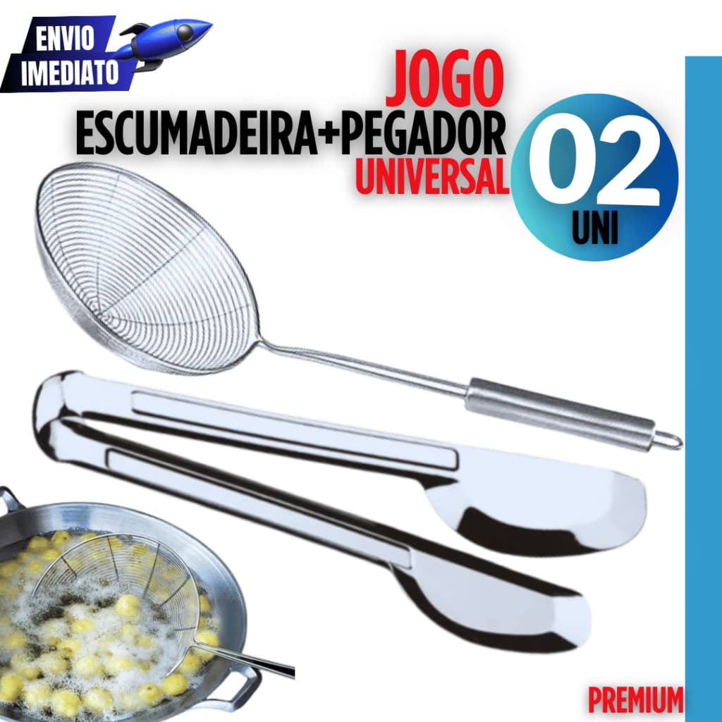Kit 02 - Escumadeira para Fritura + Pegador Universal 29cm Variáveis Utilidades Linha Inox Multiuso Casa Restaurante