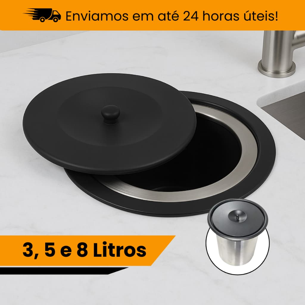 Lixeira de Embutir Inox Tampa Preta – 3, 5 e 8L Cozinha e Pia Compacta Luxo Gourmet