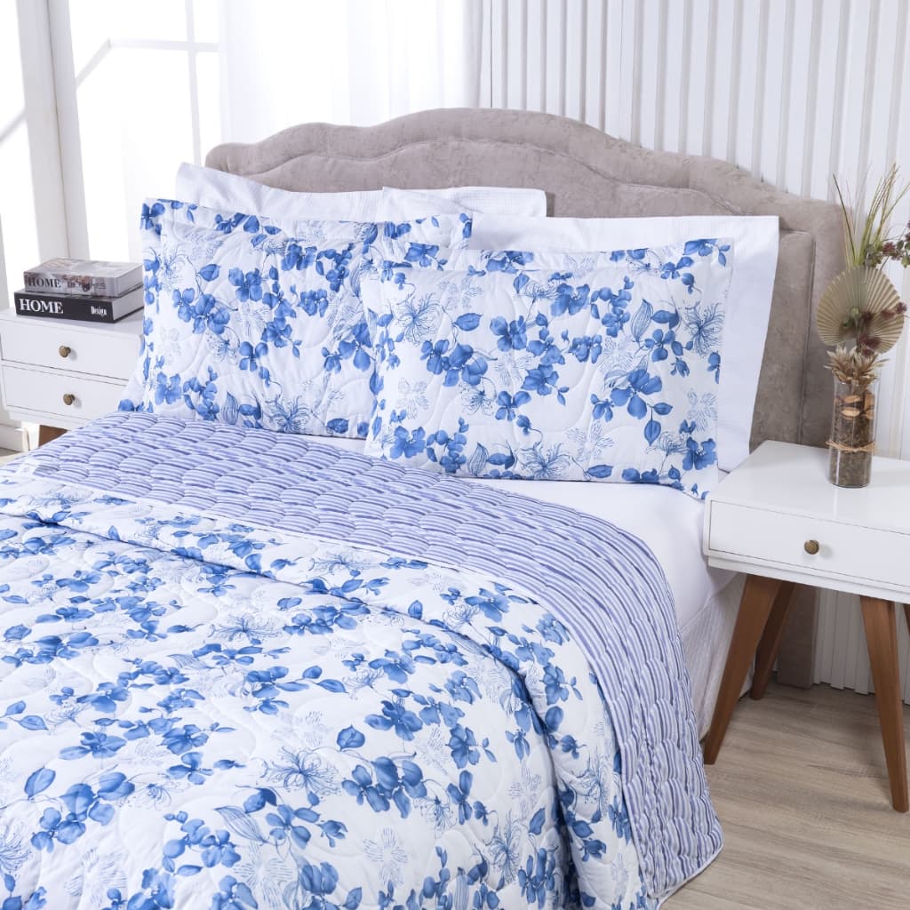 Kit Colcha Queen Colori 3 Peças Estampada Dupla Face 2,60m x 2,40m Matelassado 200 Fios