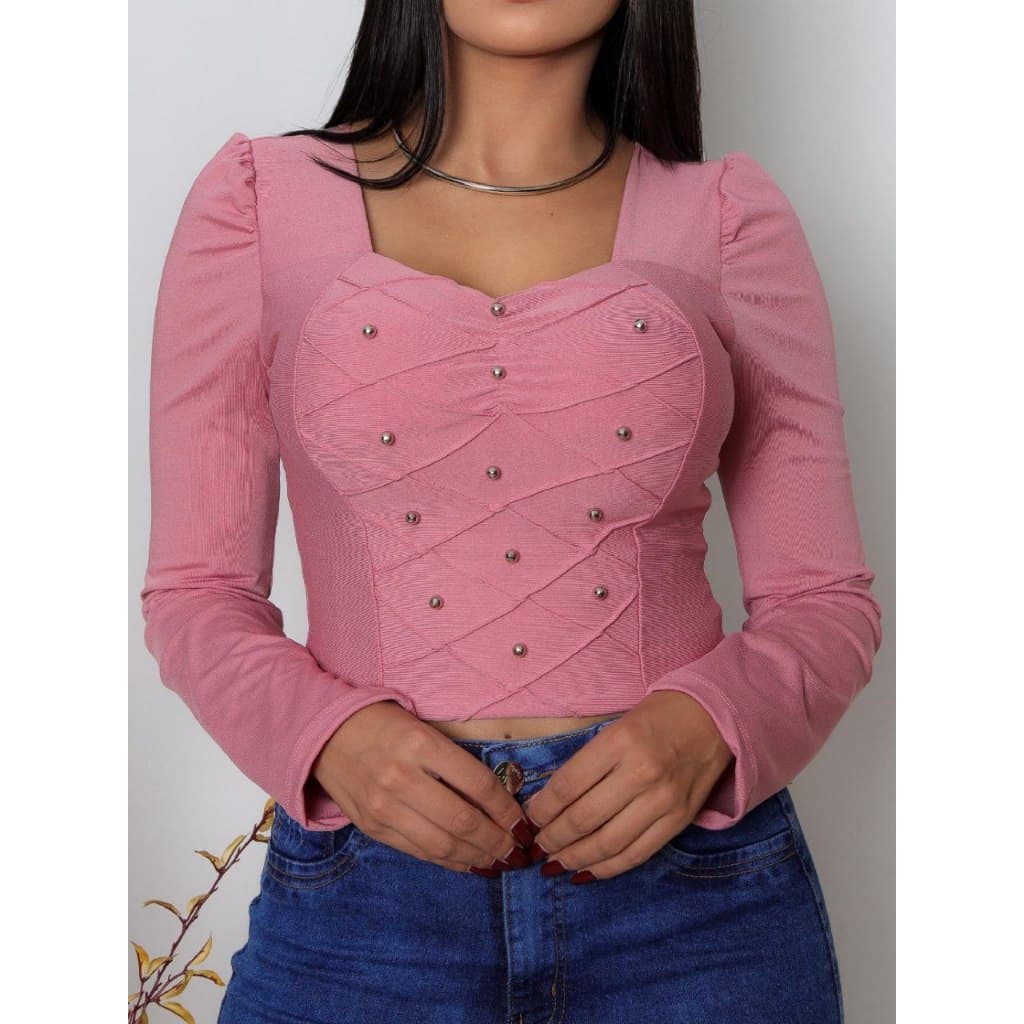 Blusa feminina cropped  manga longa com bojo e perolas