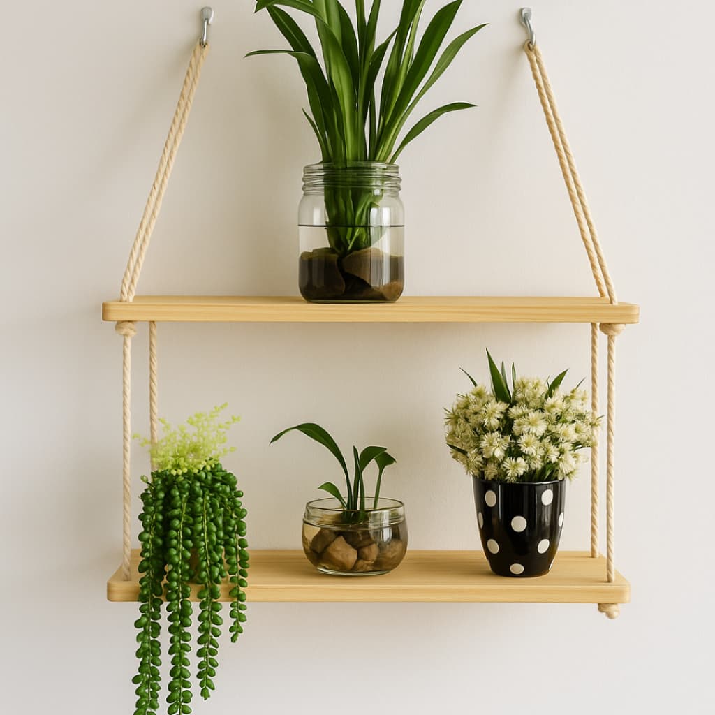 Prateleira suspensa de madeira 60cm com corda de sisal para plantas decoração jardim vertical