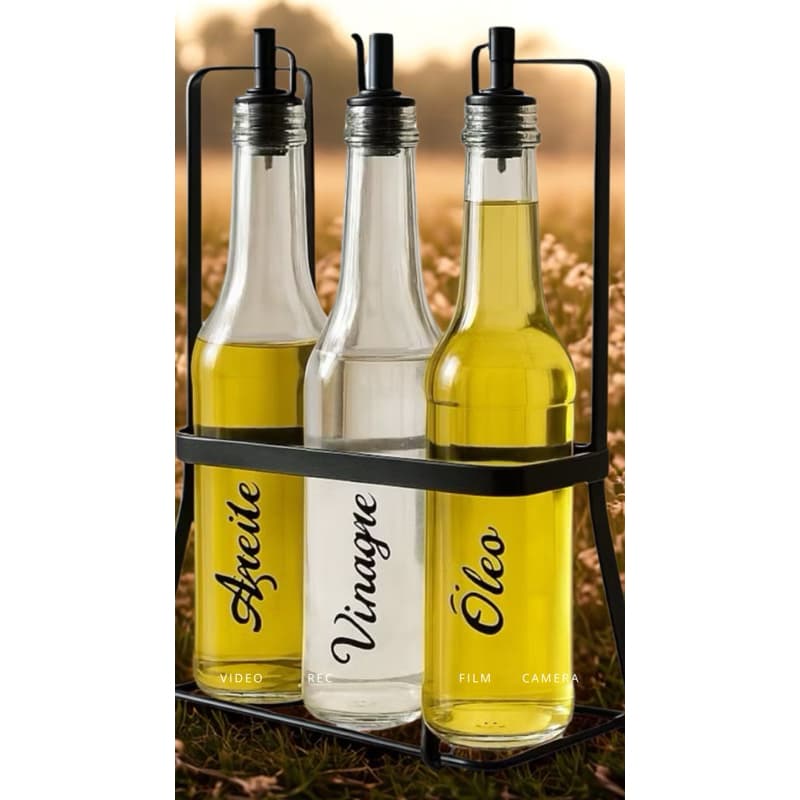 Galheteiro  250mlde Vidro Porta Azeite e Vinagre Bico Dosador c/ Etiquetas Mantimentos Cozinha Elegante