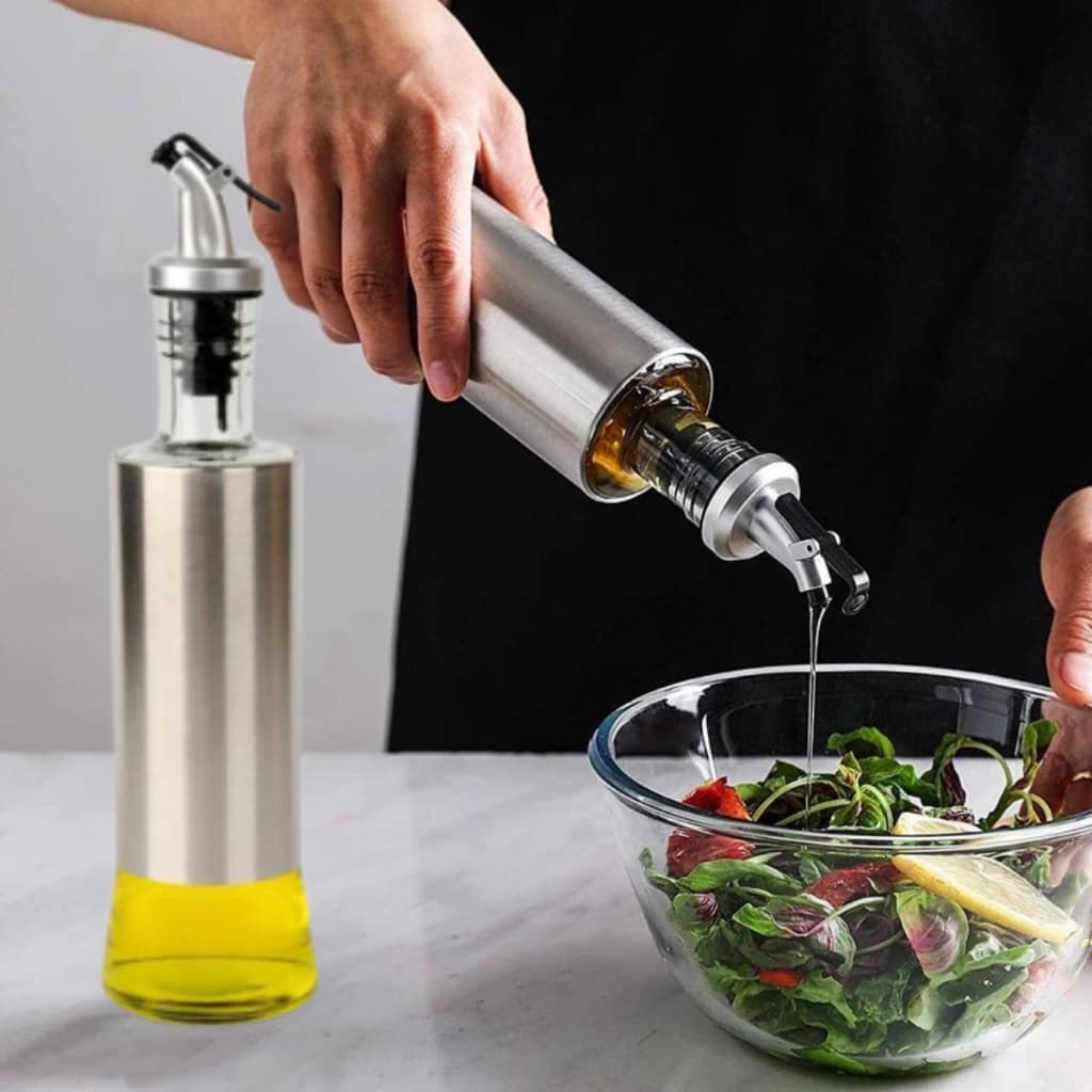 Galheteiro Porta Azeite Vinagre E Óleo Com Dosador Vidro Aço Inox Dispenser Utensílio Cozinha Azeiteira Moderno 300 ML