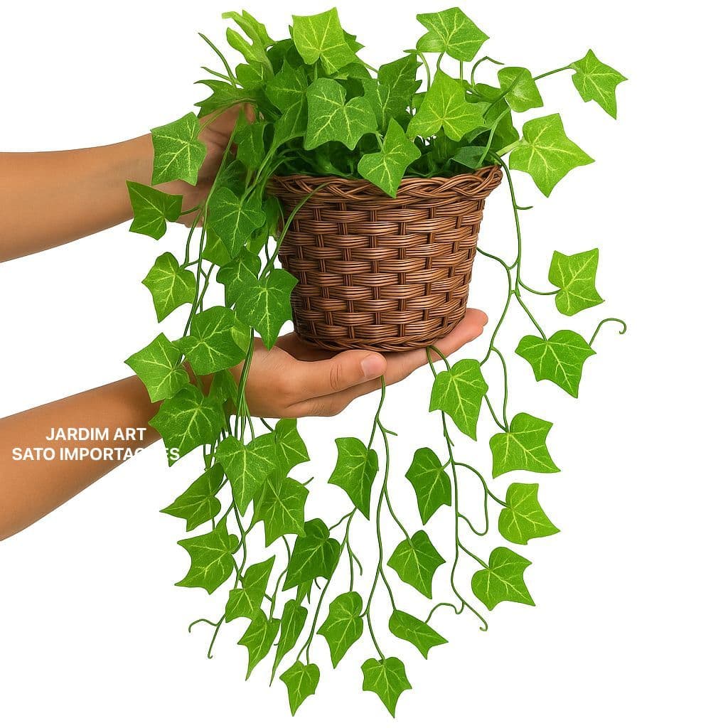 Planta Decorativa + Vaso Trançado Marrom 3 Pendentes Artificiais Folhas Pendentes 6 metros PT11