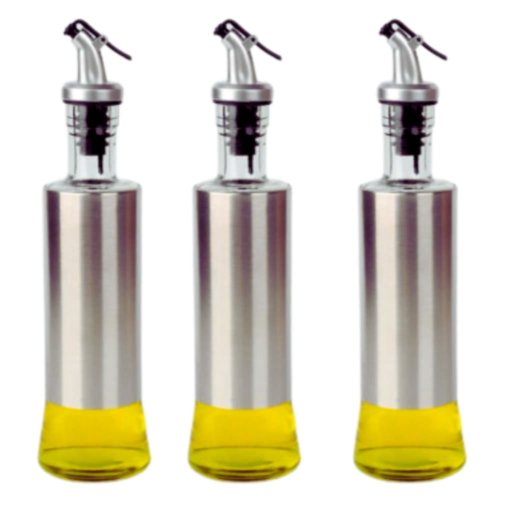 Kit 3 Galheteiro Porta Azeite Vinagre Óleo Com Dosador Vidro Inox Azeiteira Frasco Dispenser Utensílio Cozinha 300 ML