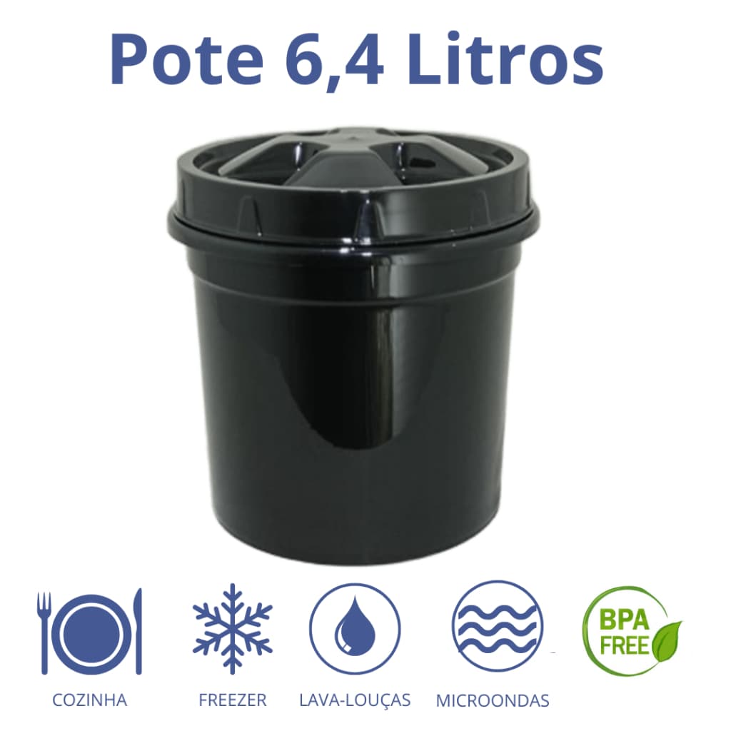 1 Pote Redondo Tampa Rosca Preto 6400ml PRIME Pote Mantimento Arroz Feijão Cereais Farinha Café