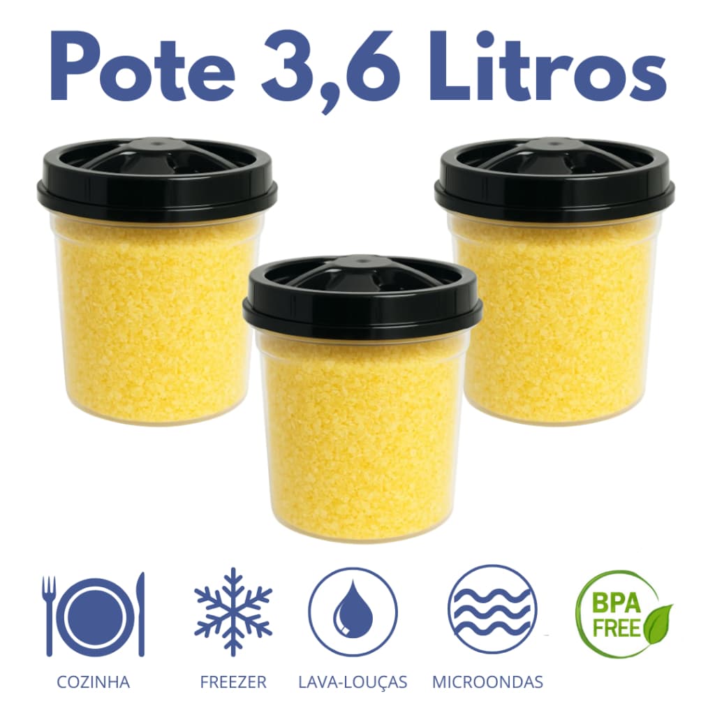 Jogo 3 Potes Redondo Transparente 3600ml Tampa Rosca PRIME Pote Mantimento Arroz Feijão Farinha