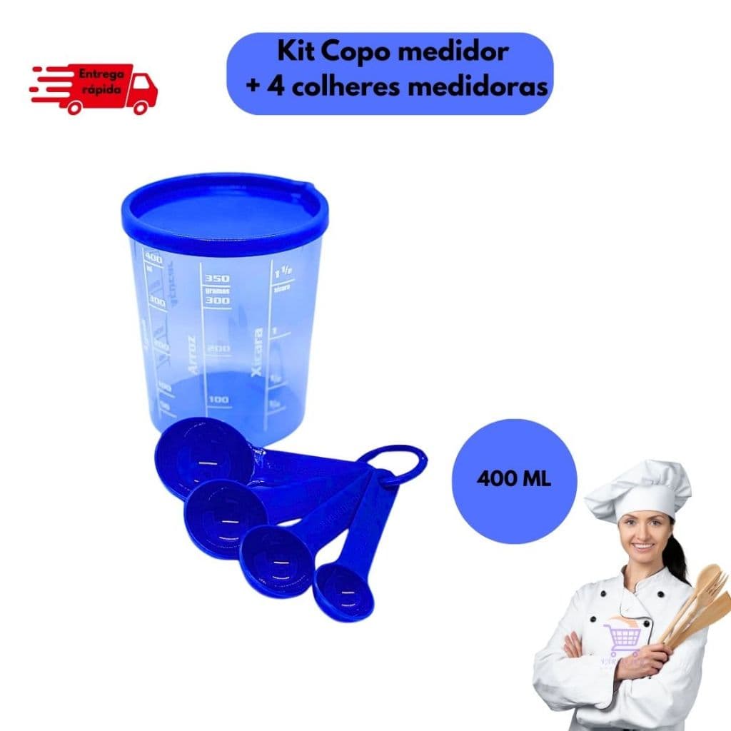 Conjunto Medida Certa Copo 400ml Com Tampa + 4 Colheres Medida Cores Sortidas