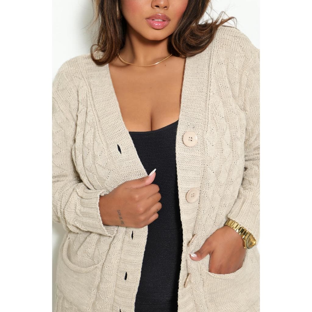 Casaco Blusa de Frio Lã Plus Size Tricot com Botões e Bolsos Outono Inverno