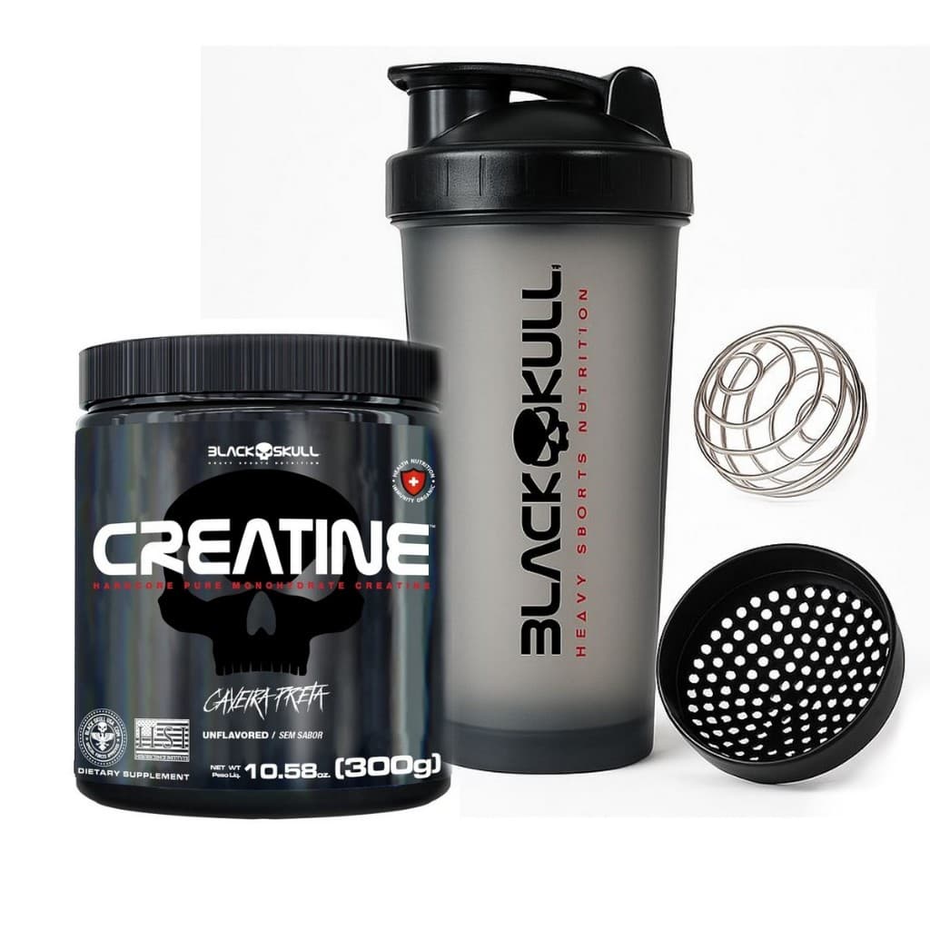 Creatina Monohidratada Pura 300g + Coqueteleira Black Skull
