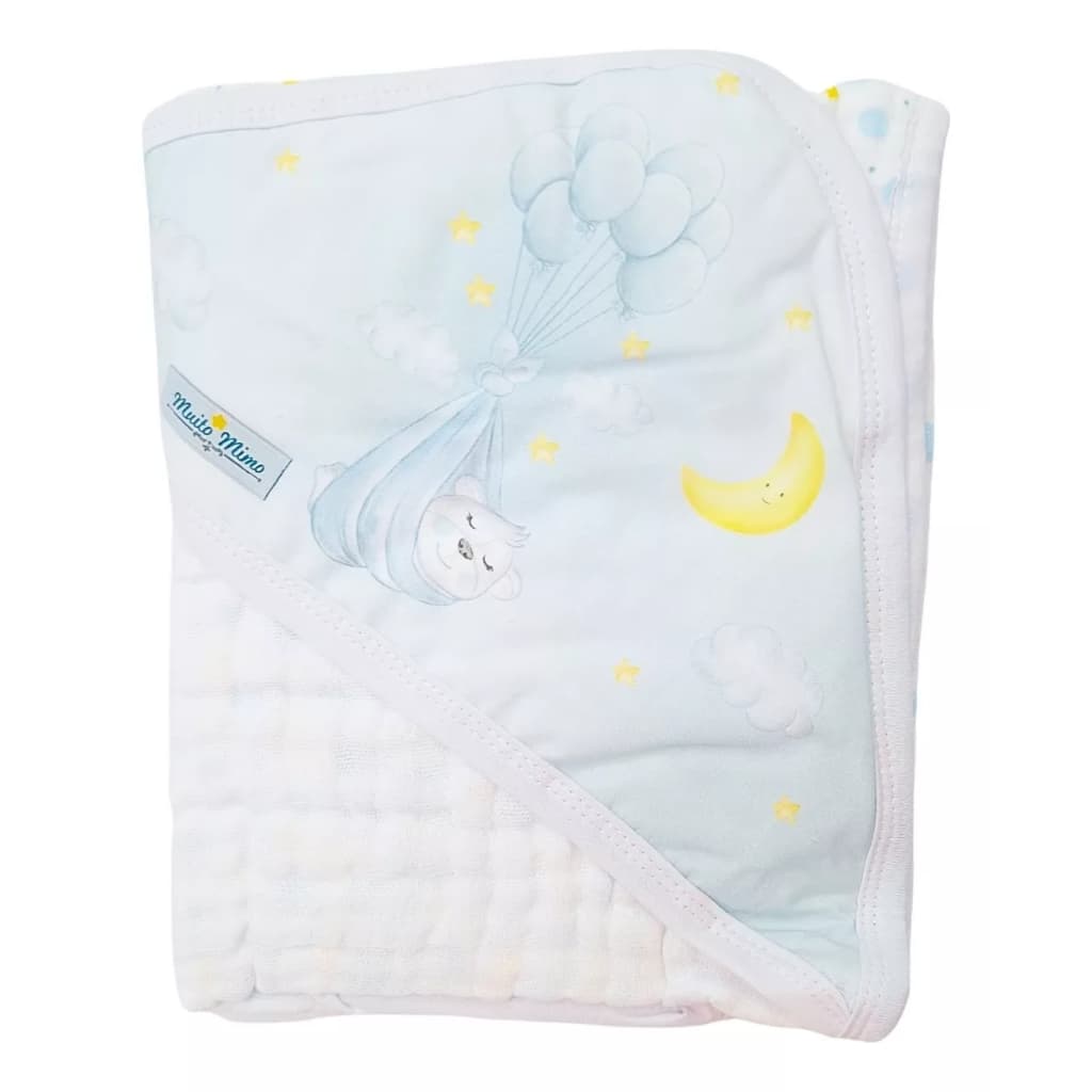 Toalha Banho Bebe Soft Capuz Forro 3 Camadas 85 x 85cm Muito Mimo Azul Minasrey