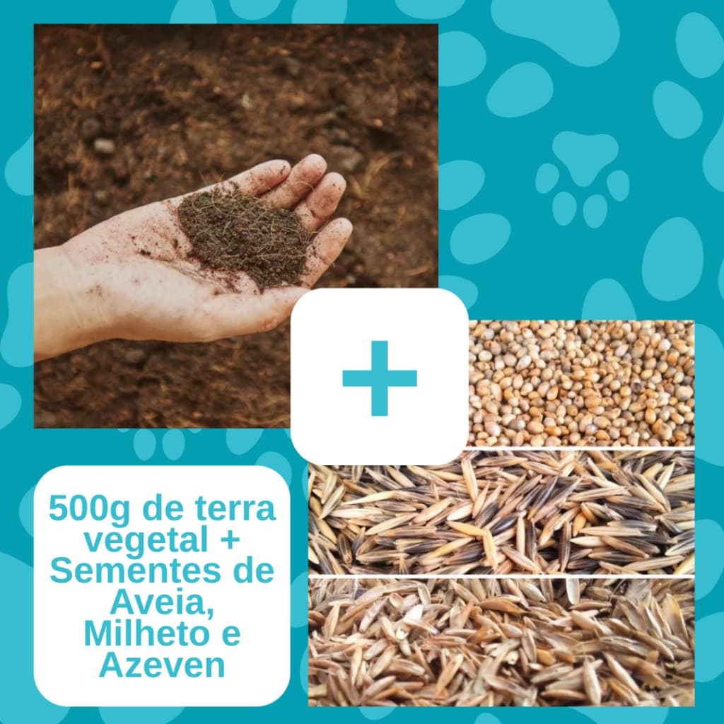 500g Terra Vegetal Adubada Atóxica + Sementes de Milheto, Aveia e Azeven para Grama Graminha para Pets Cães e Gatos