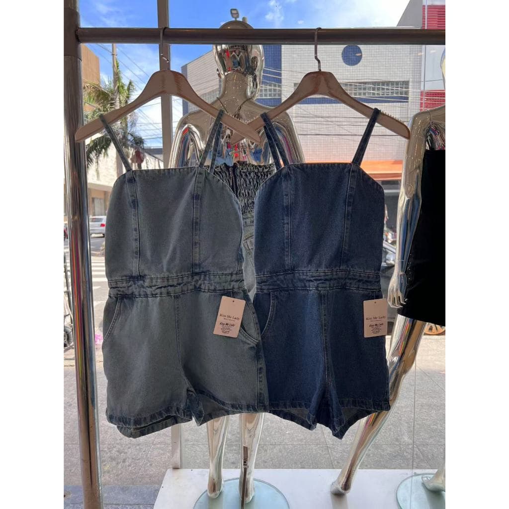 kissmelady 528# Macaquinho Macacão Jeans Alcinhas Sem Elástico Bolsos Reais Zíper Atrás Cintura Alta