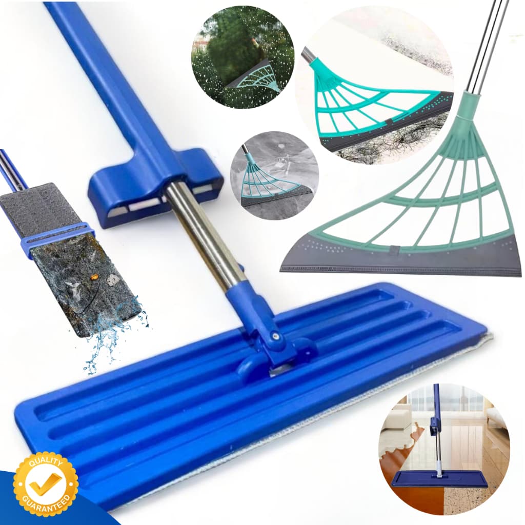 Mop Flat Limpeza Seca Chão Janelas Tira Pó Poeira + Rodo Silicone Tira Pelos
