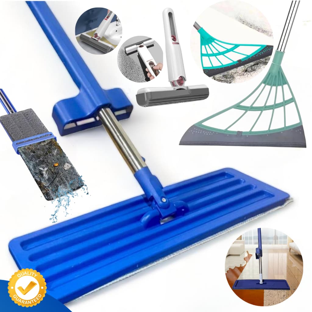 Esfregão Mop Limpeza Flat Limpa Seca Chão Janelas + Rodo Silicone Vassoura Mágica + Mini MOP Rodinho