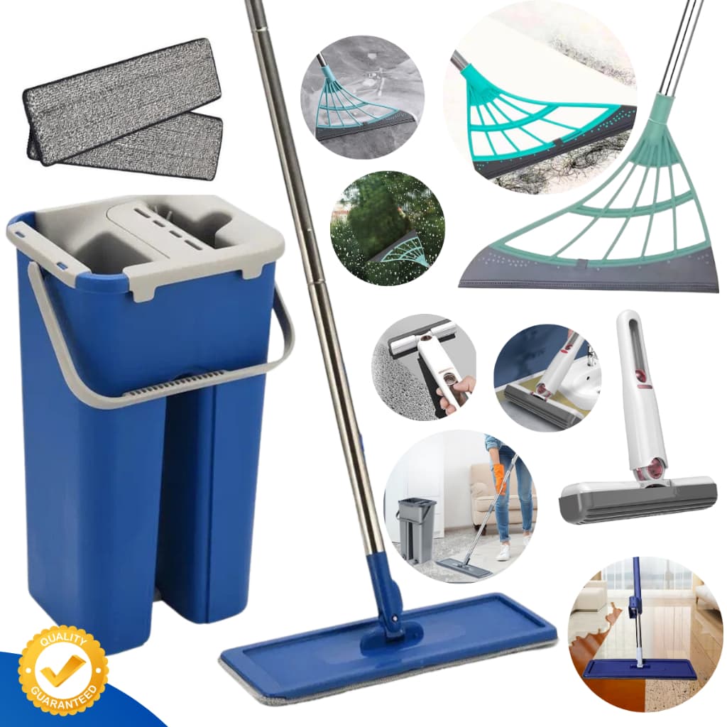 MOP Esfregão Limpeza Flat Balde Lava Seca Profissional + Rodo Silicone Vassoura Mágica + MOP Rodinho