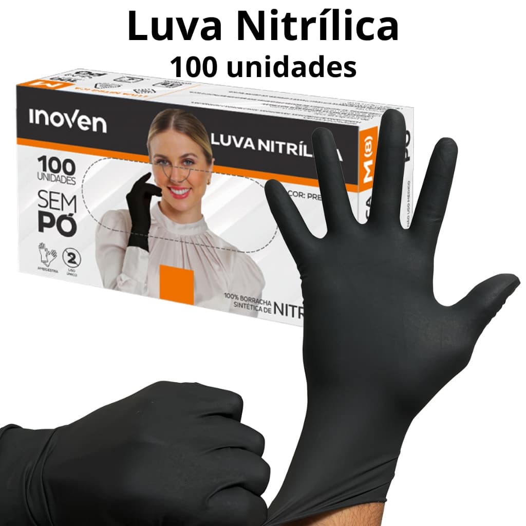 Luva Nitrílica Preta Descartável Sem Pó 100 Unidades Para Uso Profissional